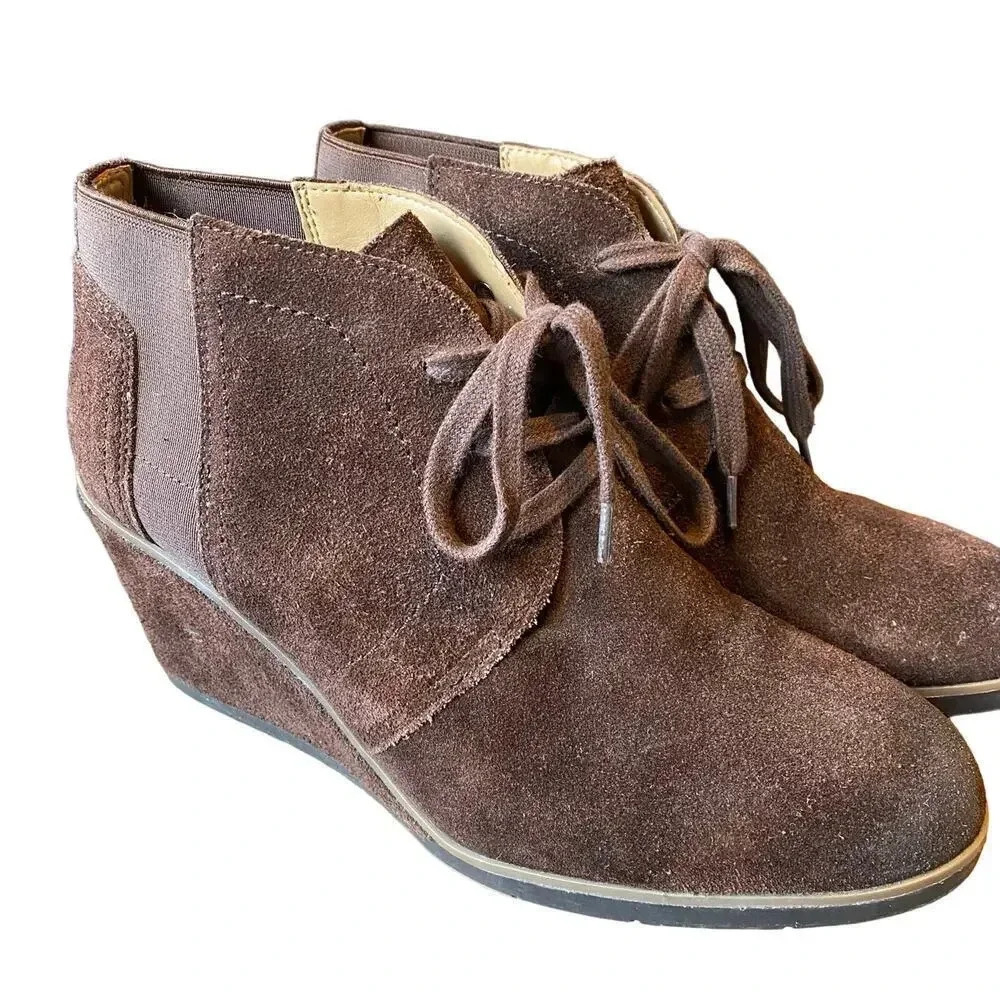 Franco Sarto Sued Brown Leather Upper Wedge 3*”Heels Ankle Boots Women Size 9M